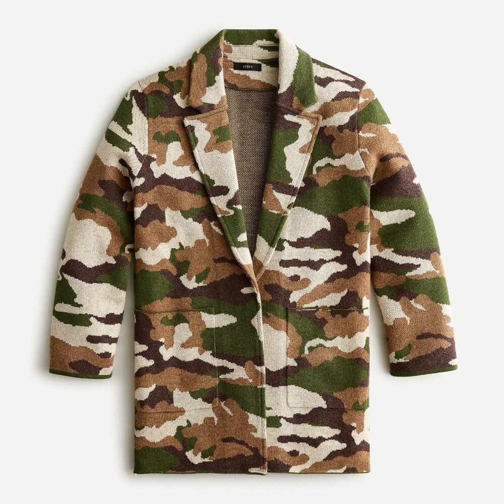 NWT J.Crew Sophie Coffee Camo Camouflage Open-Front Sweater Blazer Cardigan XXS